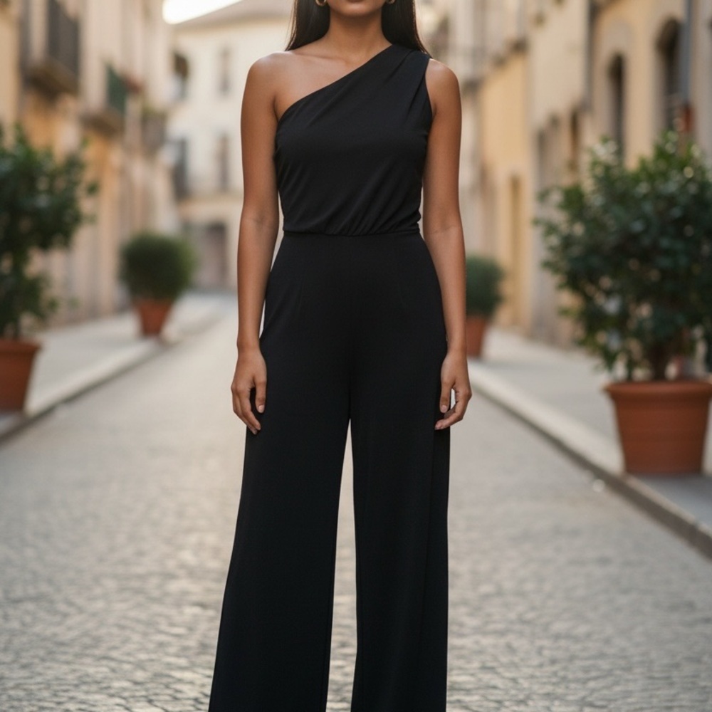 Love By Design Elegant Black One-Shoulder Jumpsuit small
